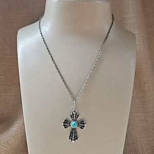 18" Southwestern Silver Faux Turquoise Cross Necklace